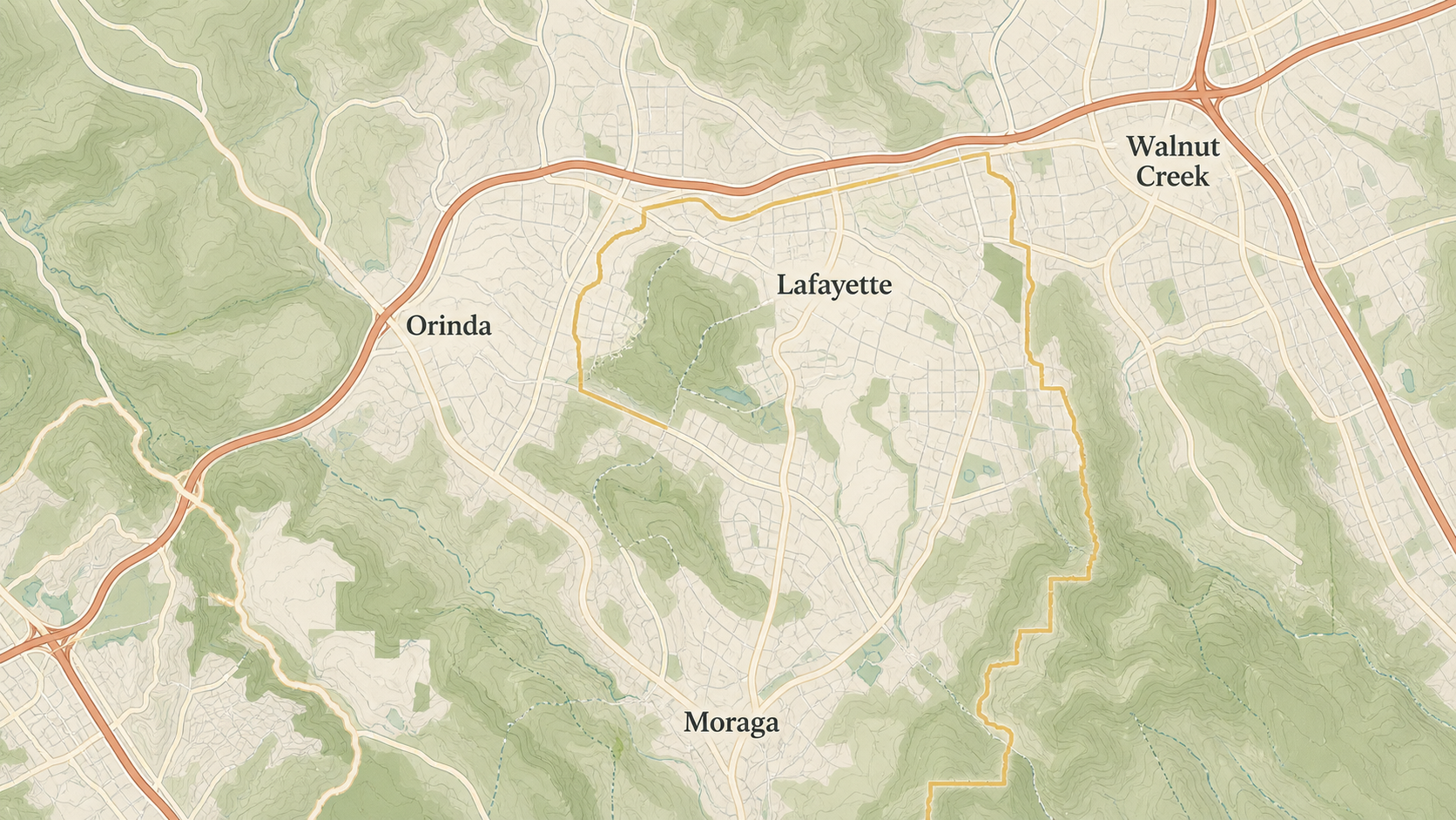 Illustrated map showing Lafayette, Orinda, Moraga, and Walnut Creek