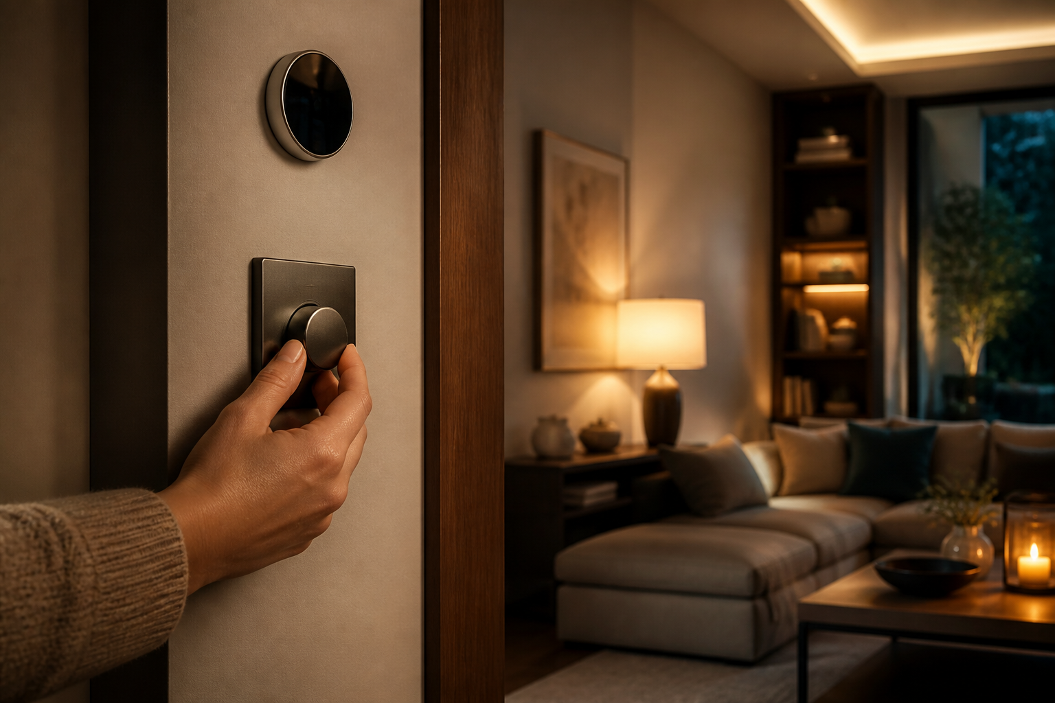 A hand using a smart lighting control at home